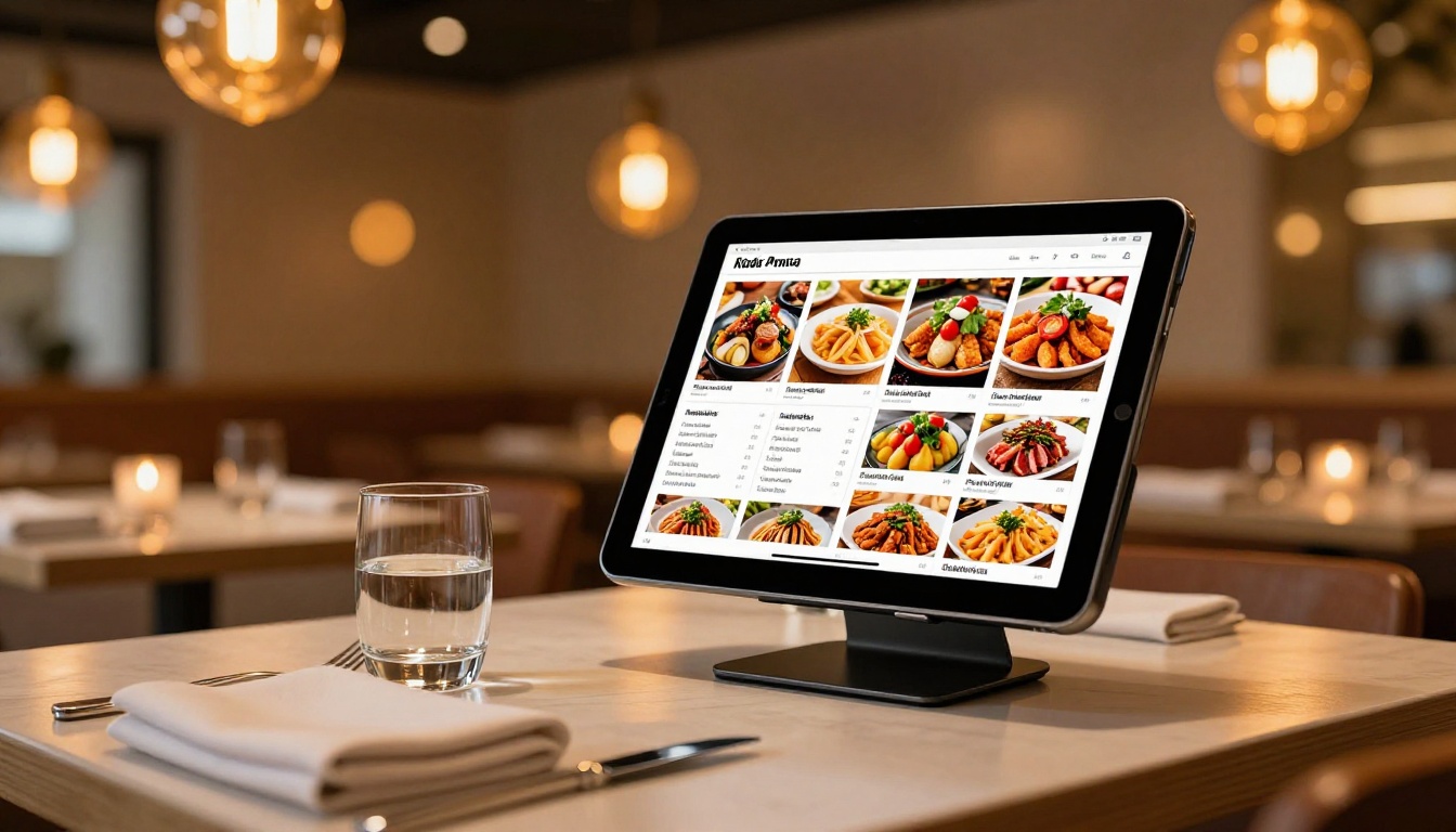 Modern restaurant interior with tablet on stand showing digital menu flipbook with food photography pages