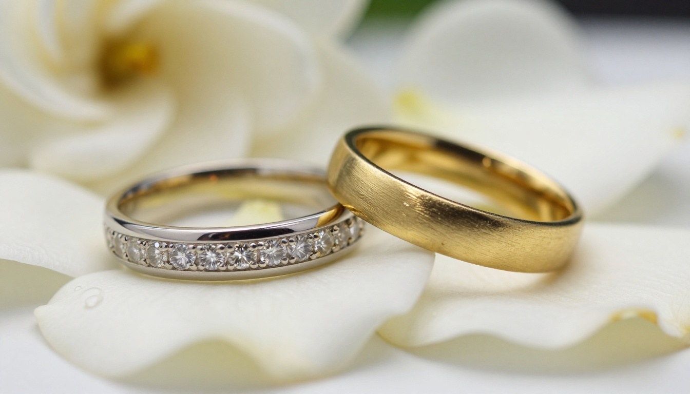 Macro close-up of two wedding rings on white gardenia petals