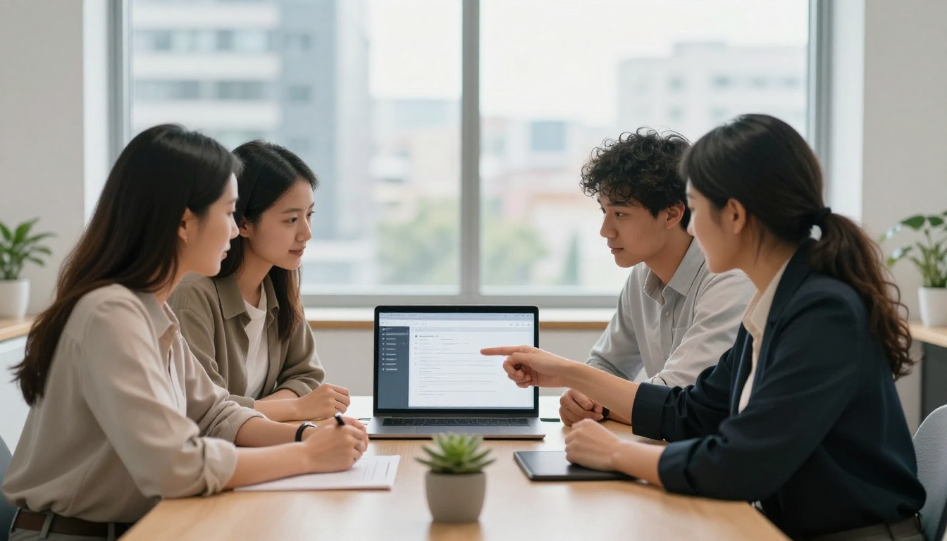 Diverse group of three colleagues at a modern conference table in a bright office, looking at a shared laptop screen showing a clean document editor, relaxed and collaborative