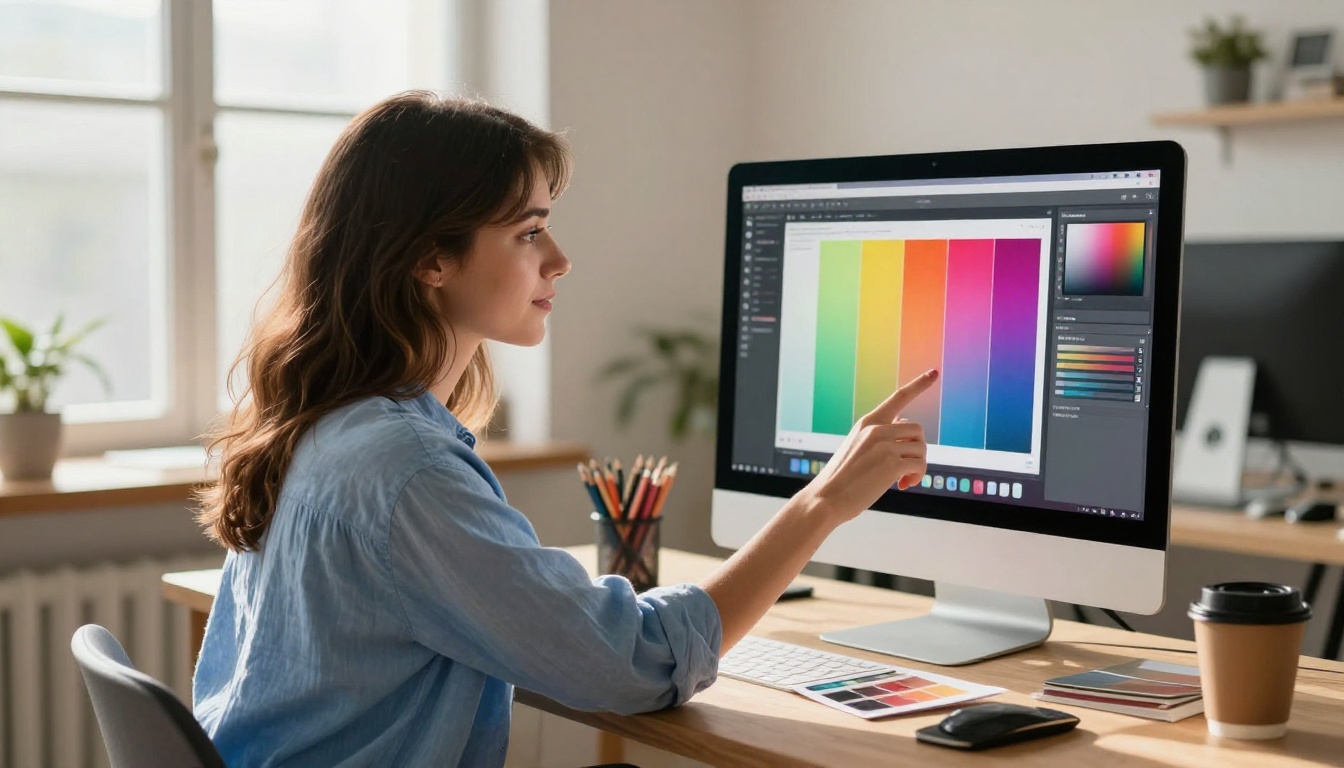 A woman touching her screen while customizing flipbook colors and layout in a creative workspace