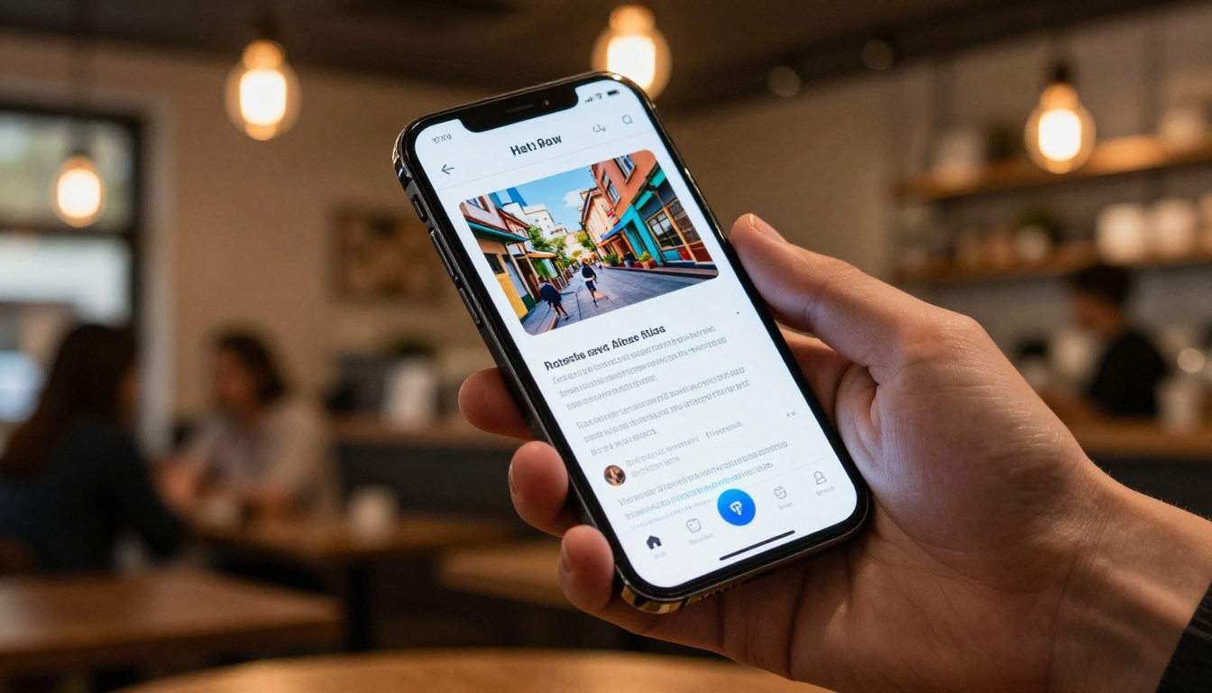 Mobile phone displaying a digital brochure flipbook in a coffee shop setting