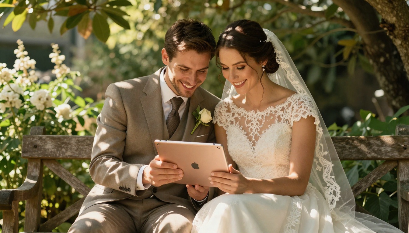 Bride and groom sitting together in a sunlit garden, smiling as they browse a digital wedding album flipbook on a tablet Bride and groom sitting together in a sunlit garden, smiling as they browse a digital wedding album flipbook on a tablet