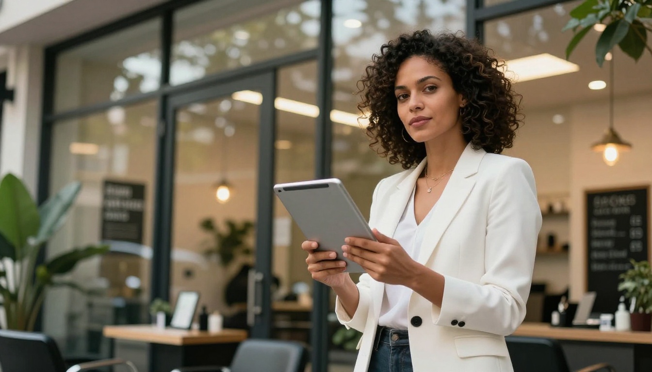 Confident salon owner holding tablet at front desk with glass entrance