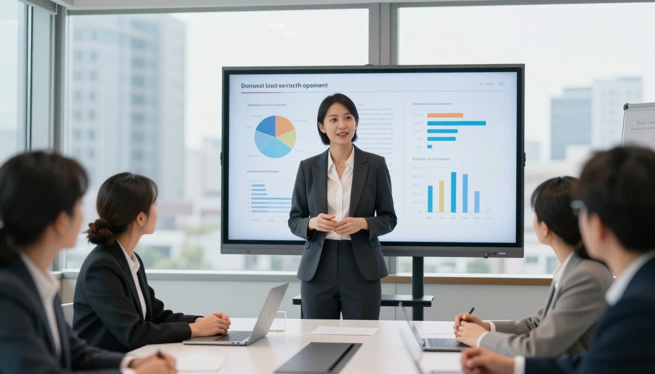 Confident businesswoman presenting digital flipbook annual report on large screen in modern conference room