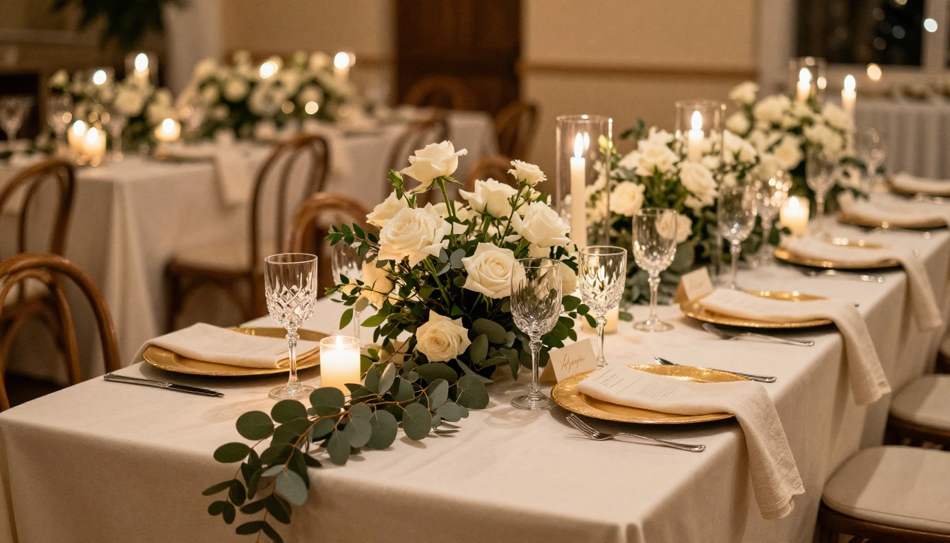 Elegant wedding reception dinner table with candlelight and rose centerpiece