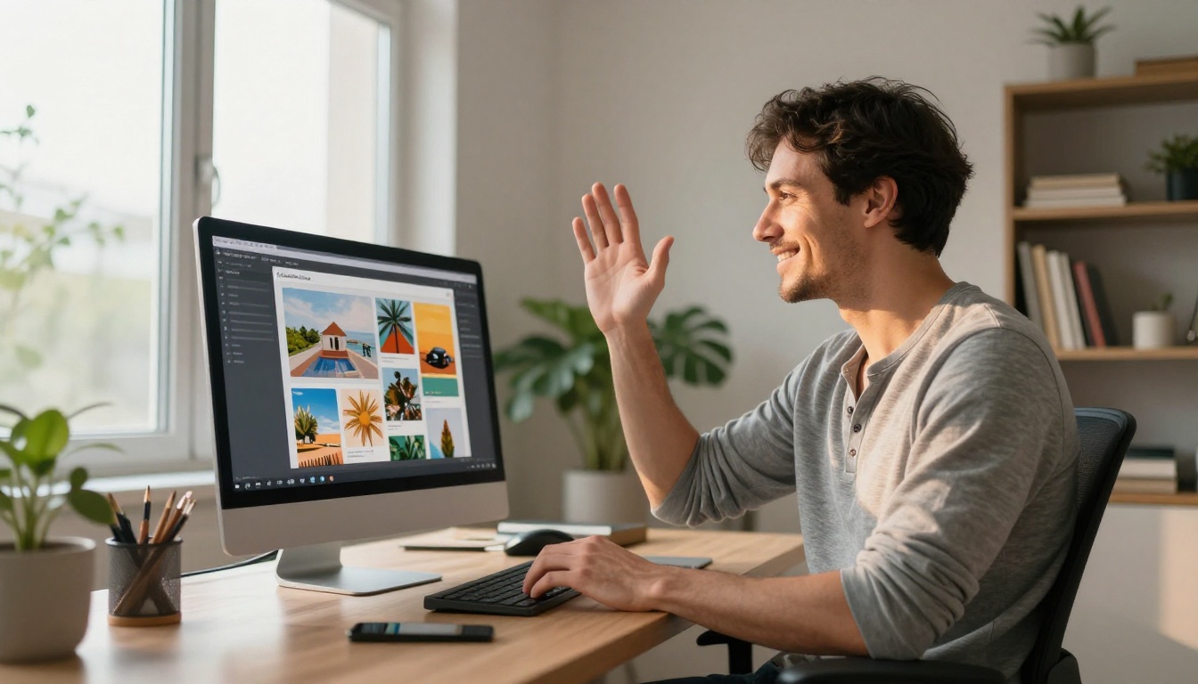 Man in gray henley shirt at a standing desk in a bright home office, raising one hand in a satisfied gesture while viewing a completed digital flipbook on a widescreen monitor, volumetric morning light from the window