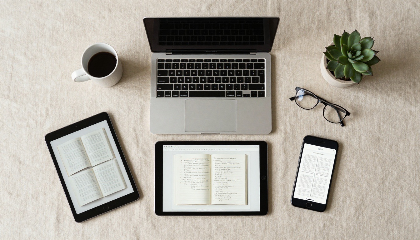 A set of multiple devices all showing the same digital flipbook in a clean flat lay