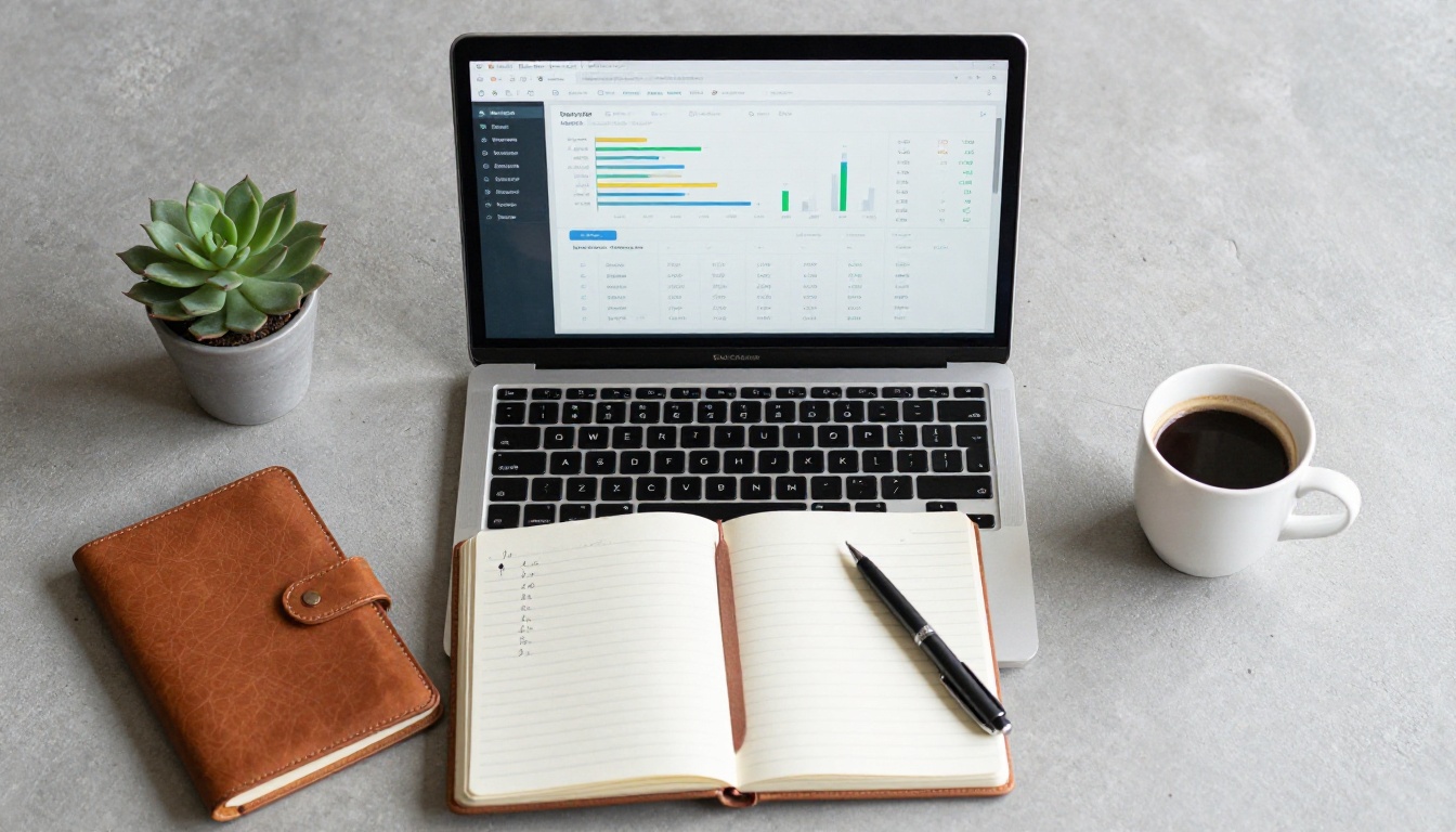 Top-down flat lay of a laptop showing an analytics dashboard beside a notebook, pen, and espresso on concrete Top-down flat lay of a laptop showing an analytics dashboard beside a notebook, pen, and espresso on concrete