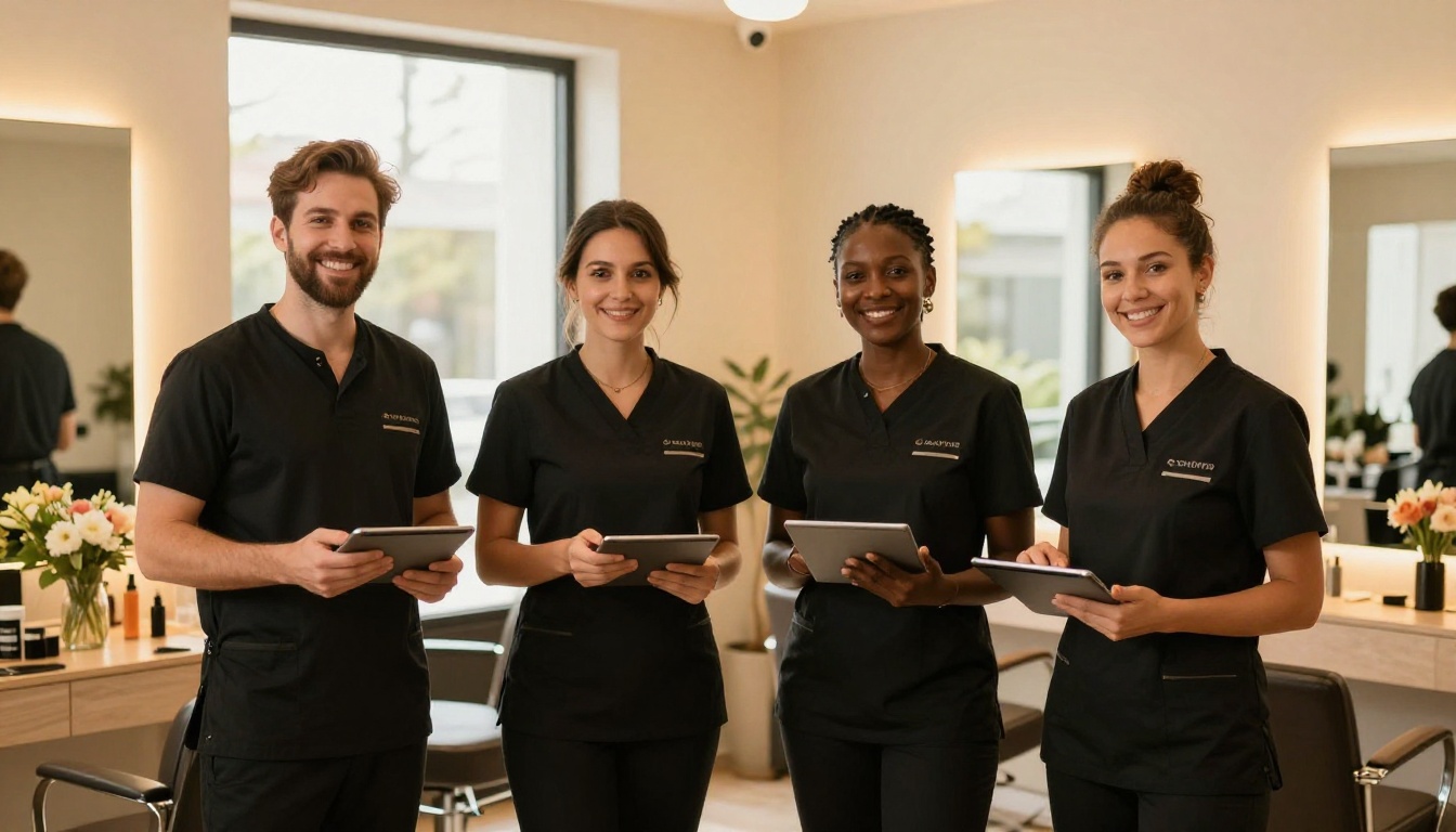 Diverse salon team standing together holding tablets in their modern salon space