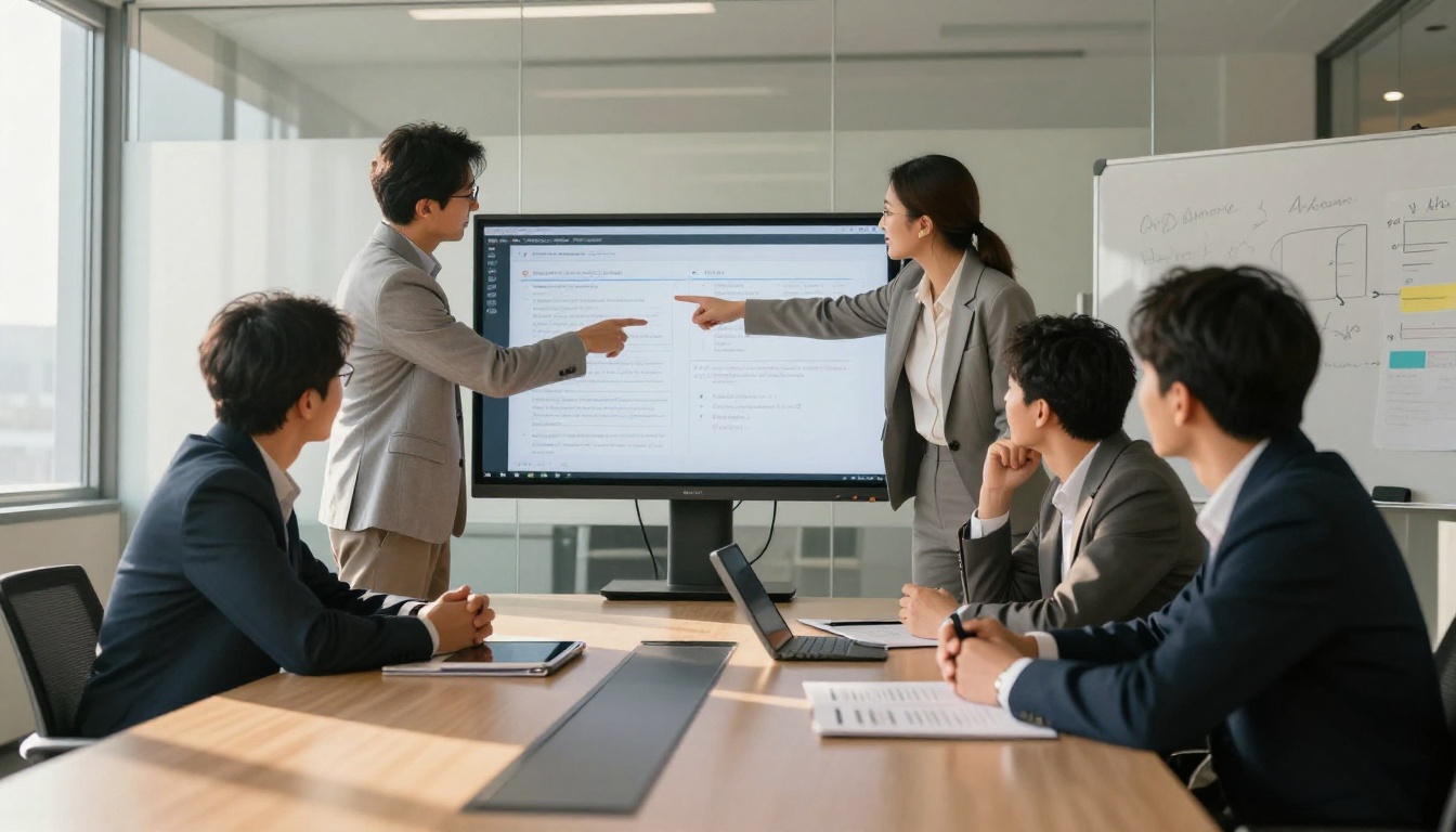 Business team reviewing a digital flipbook on a conference room screen