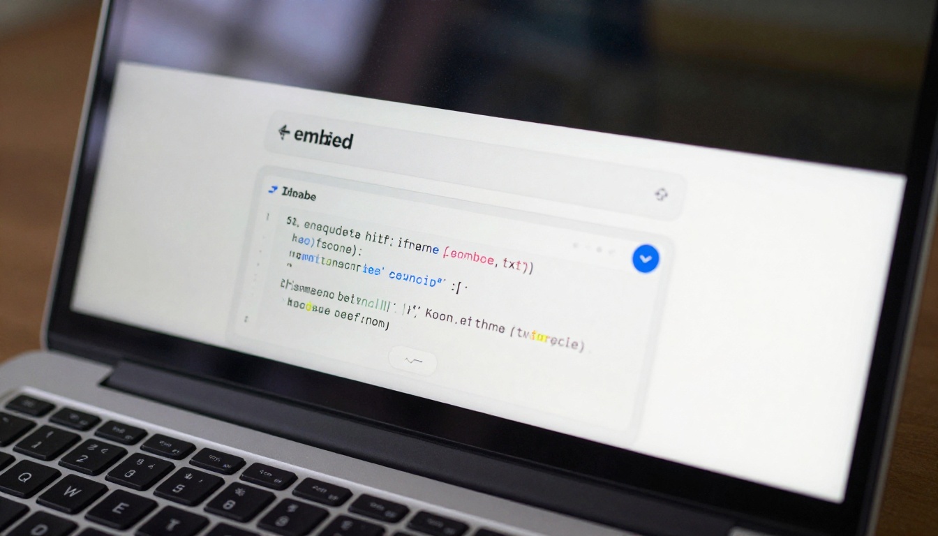 Close-up of laptop screen showing embed code panel with copy button in clean web interface