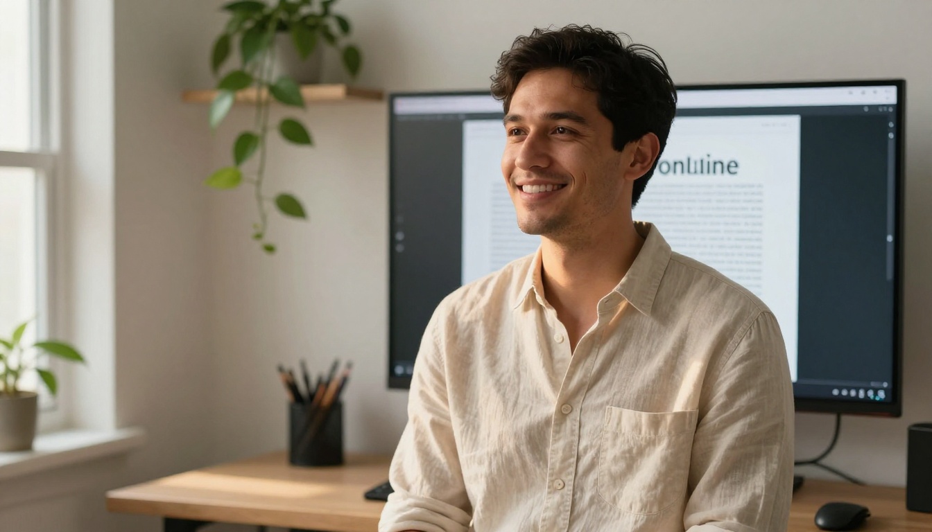 A satisfied male author standing before a large monitor showing his published online flipbook