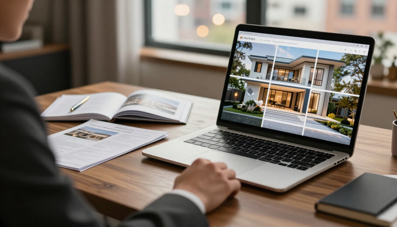 Real estate agent with property listing brochures and a digital flipbook on laptop