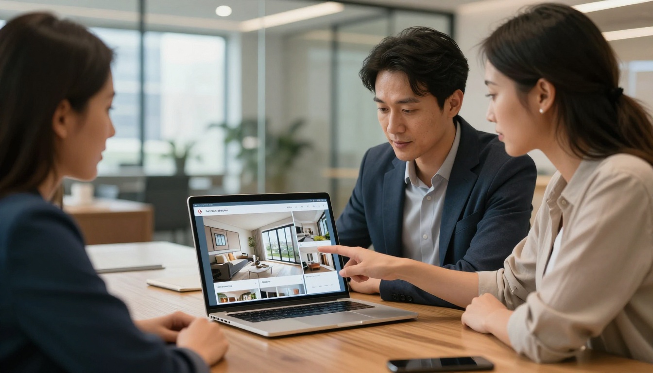 Real estate agent showing digital property brochure flipbook on laptop to young couple at conference table