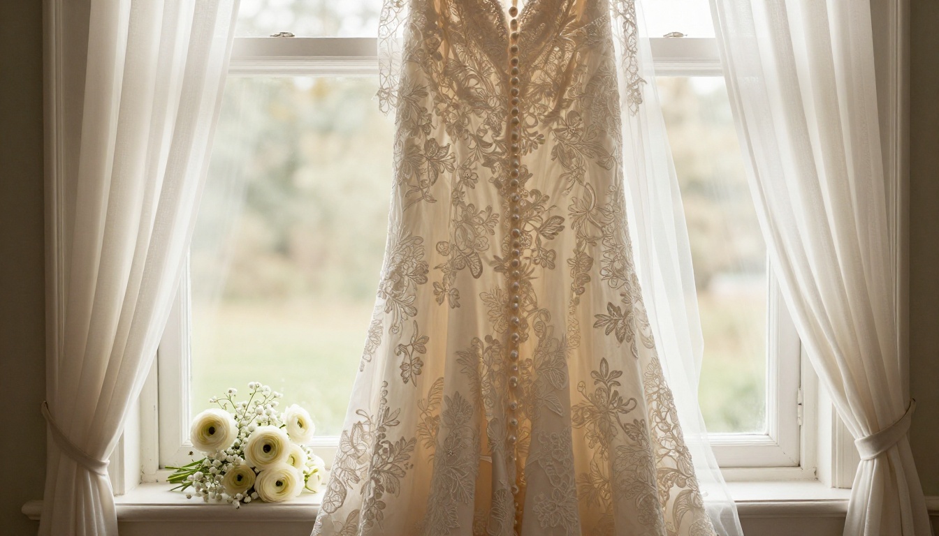 Wedding dress with intricate lace back hanging by a sunlit window