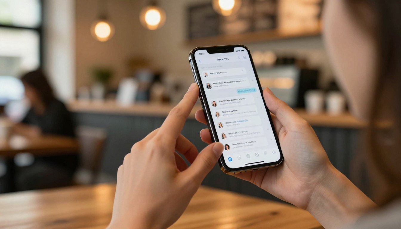 A woman holding a phone displaying a flipbook share link in a warm cafe setting