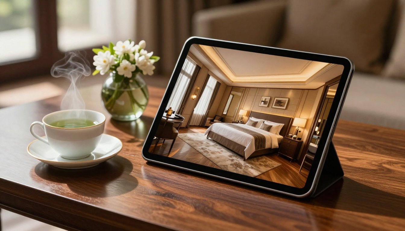 Hotel brochure as a digital flipbook on a tablet in a hotel lobby setting