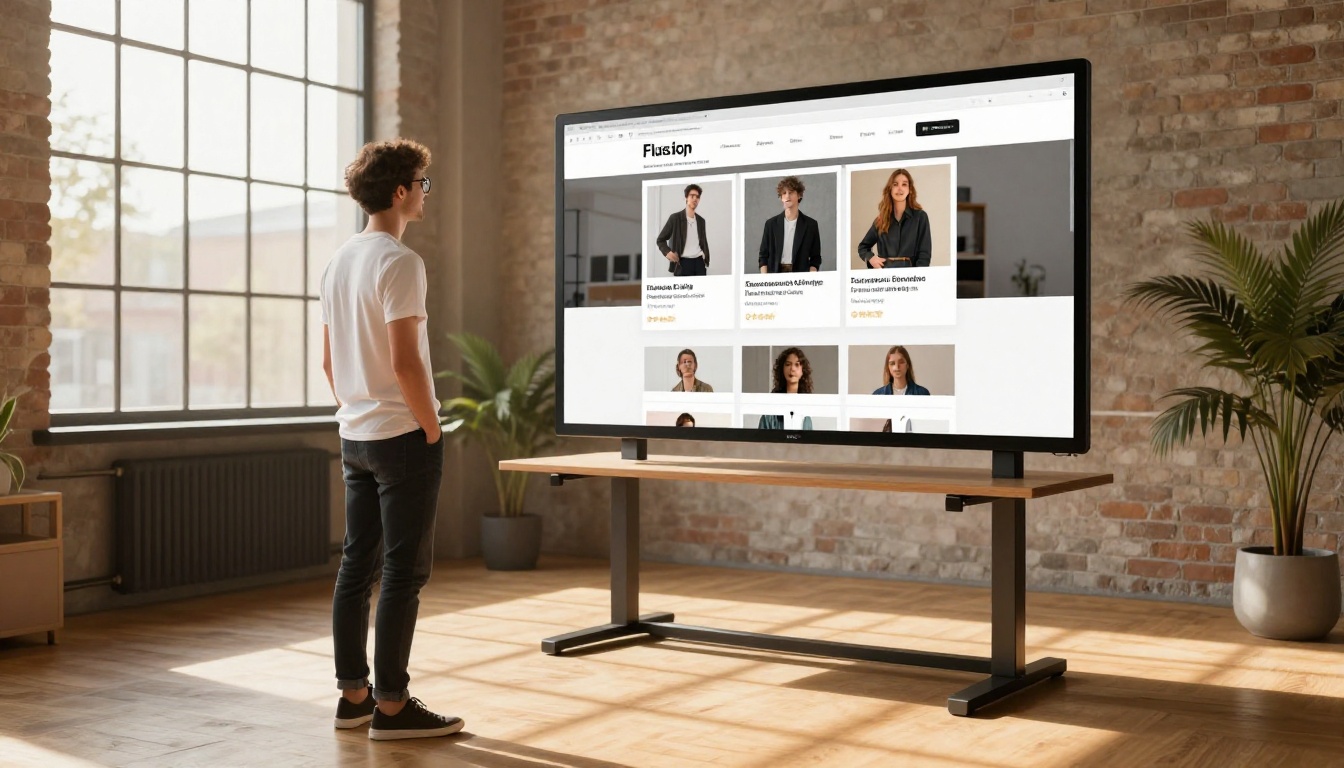 Young creative professional at standing desk viewing website with embedded interactive fashion lookbook