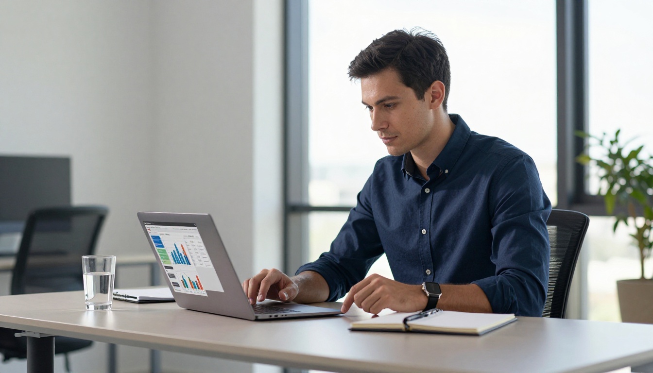 A professional reviewing flipbook analytics on a laptop at a modern office desk