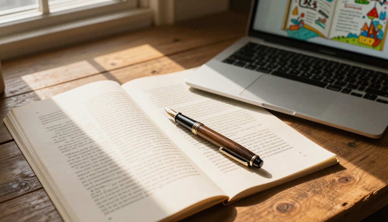 Printed manuscript pages beside a laptop showing a published digital flipbook
