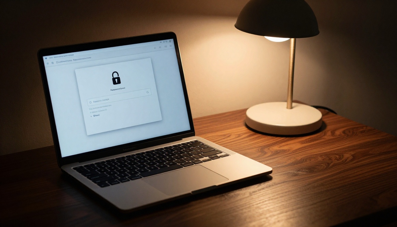 A laptop screen showing a password dialog for a private digital document on a walnut wood desk