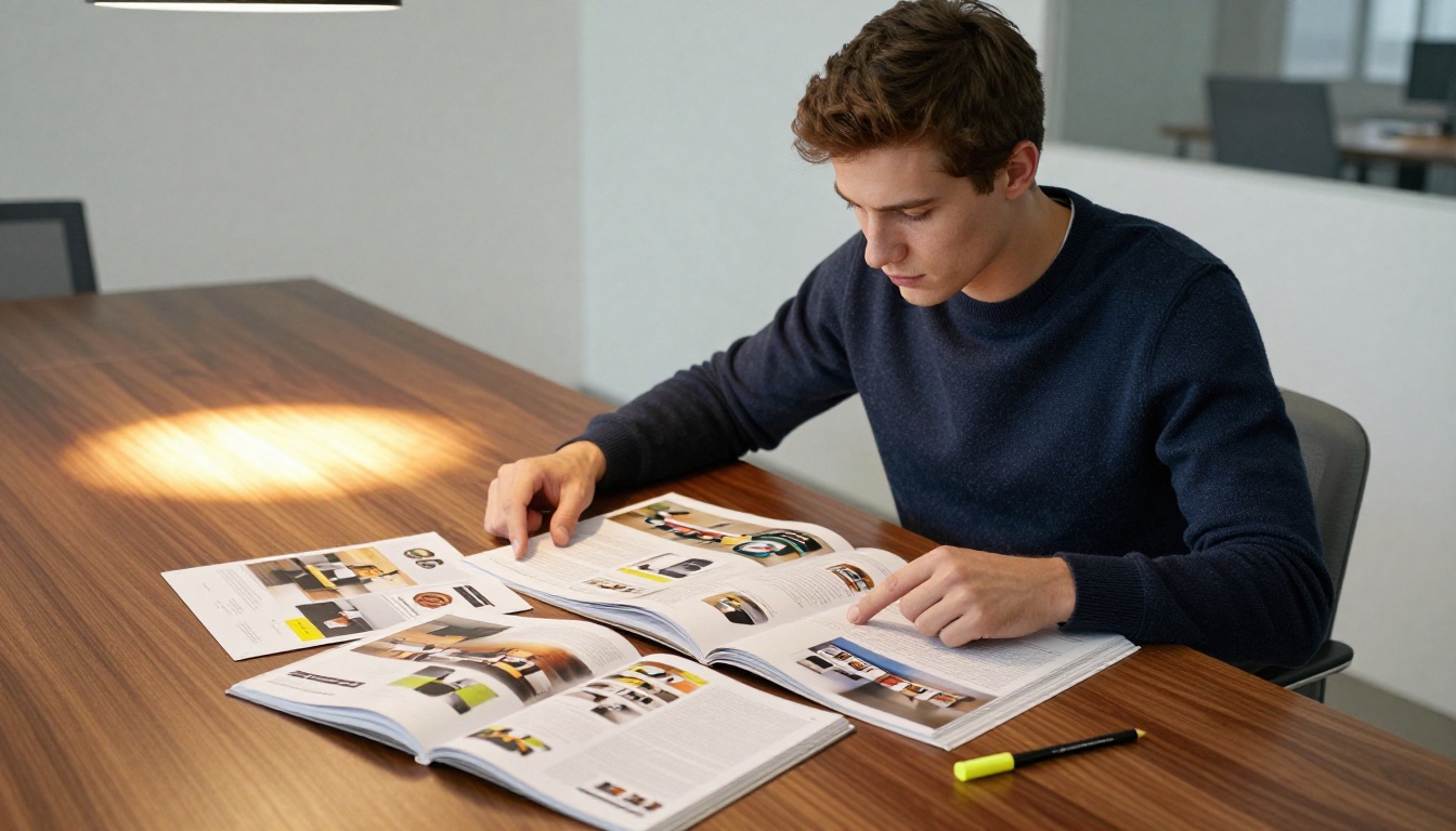 A designer reviewing colorful catalog layouts spread across a walnut conference table