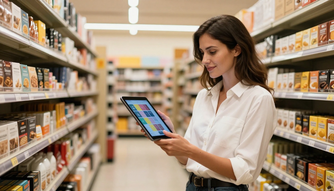 A retail store owner reviewing a digital catalog on a tablet in a well-lit store aisle