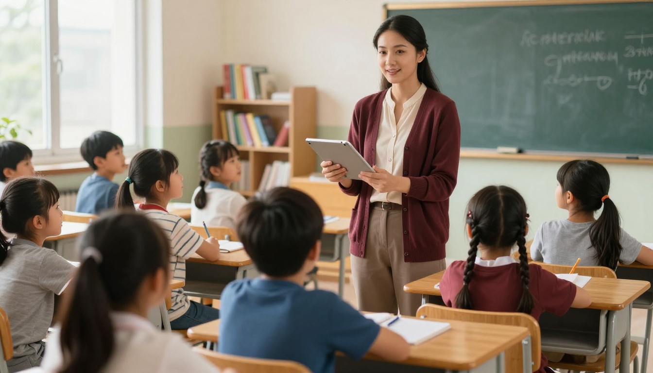 A female teacher showing a tablet to students in a bright, naturally-lit classroom