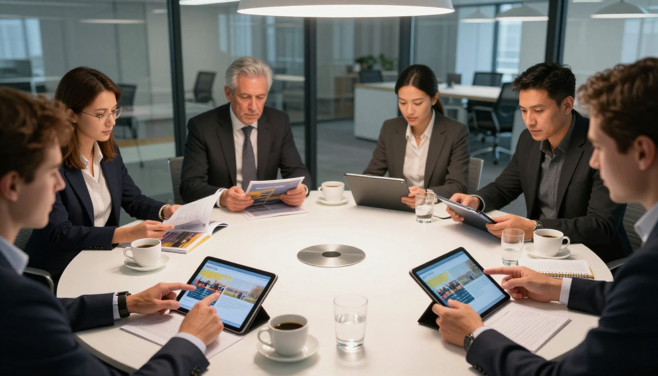 Marketing team reviewing printed brochures and comparing with tablet screens at a conference table