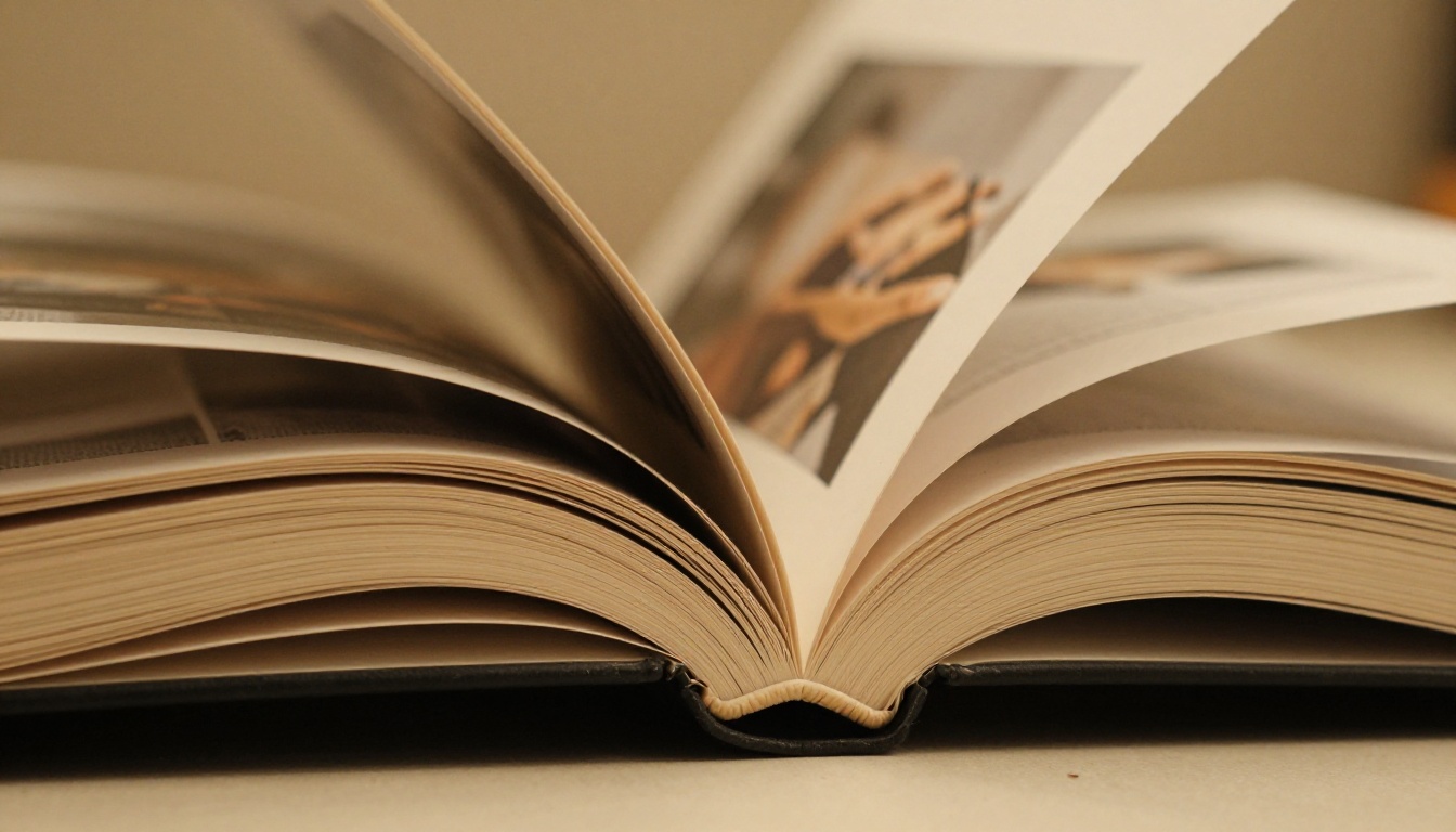 Close-up of coffee table book pages caught mid-turn with warm directional side-lighting