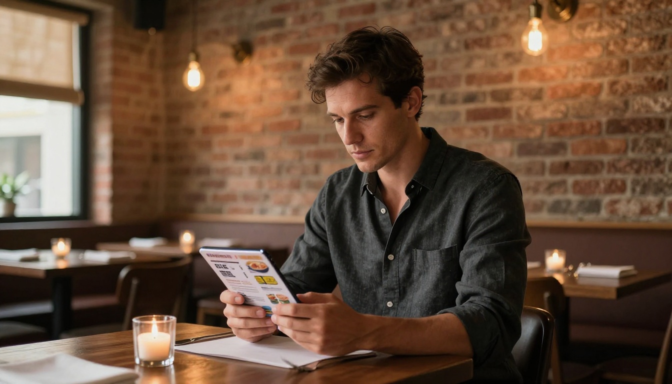 A restaurant owner reviewing a digital menu on a smartphone at an elegantly set dining table