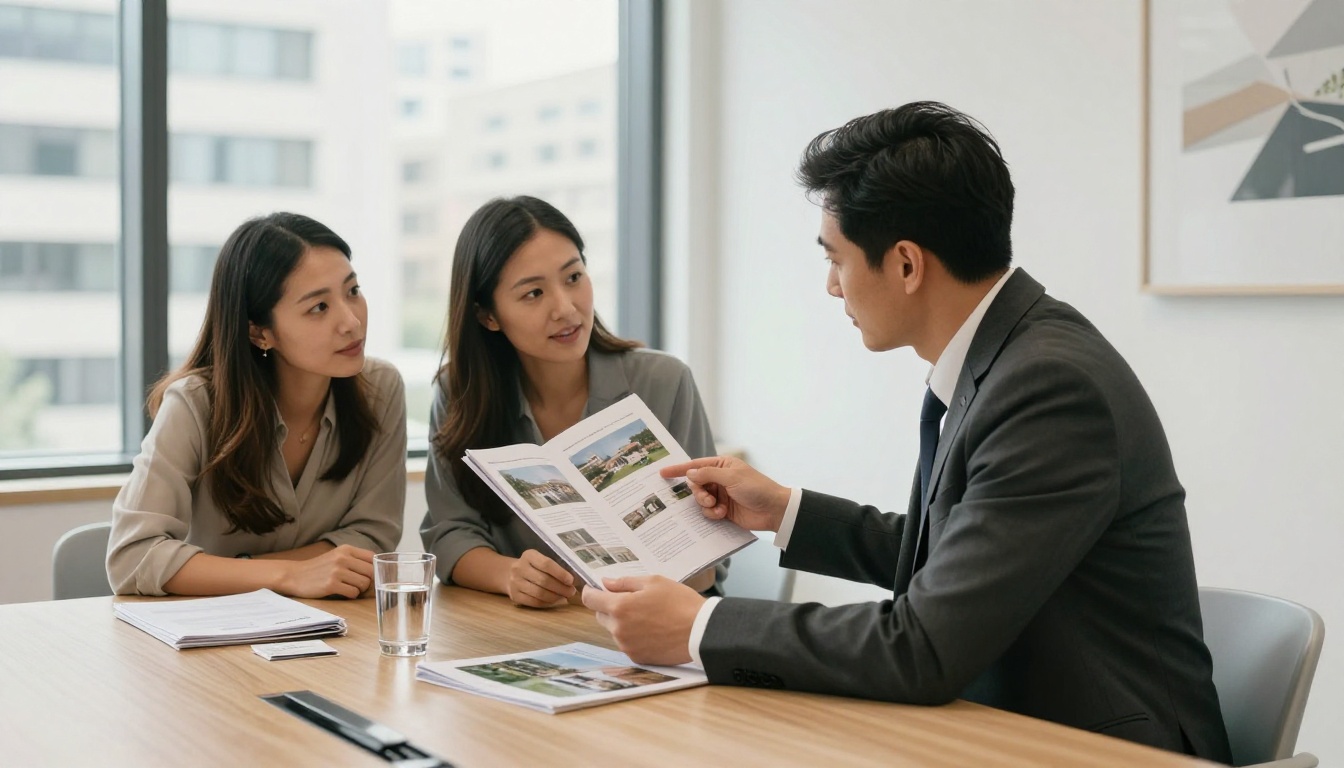 A real estate agent showing a property brochure to a couple in a bright modern office