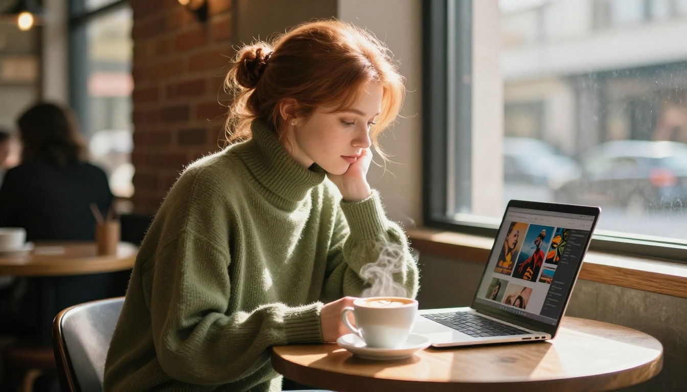 A young woman with auburn hair reviewing a portfolio on a laptop at a warm, sunlit café table