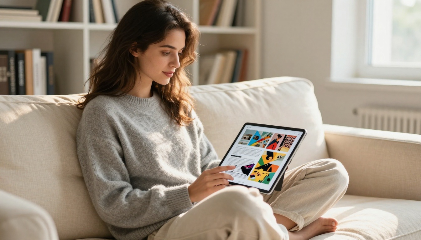 Young woman reading a digital flip magazine on a tablet