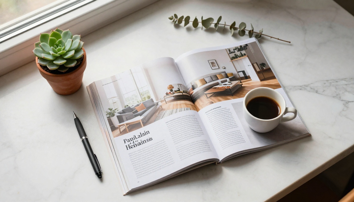 Open magazine flat-lay on marble surface with lifestyle props
