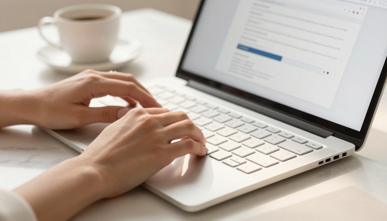 Uploading a magazine PDF on a laptop with morning light