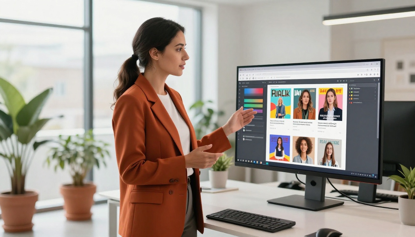 Female professional customizing magazine branding on a monitor