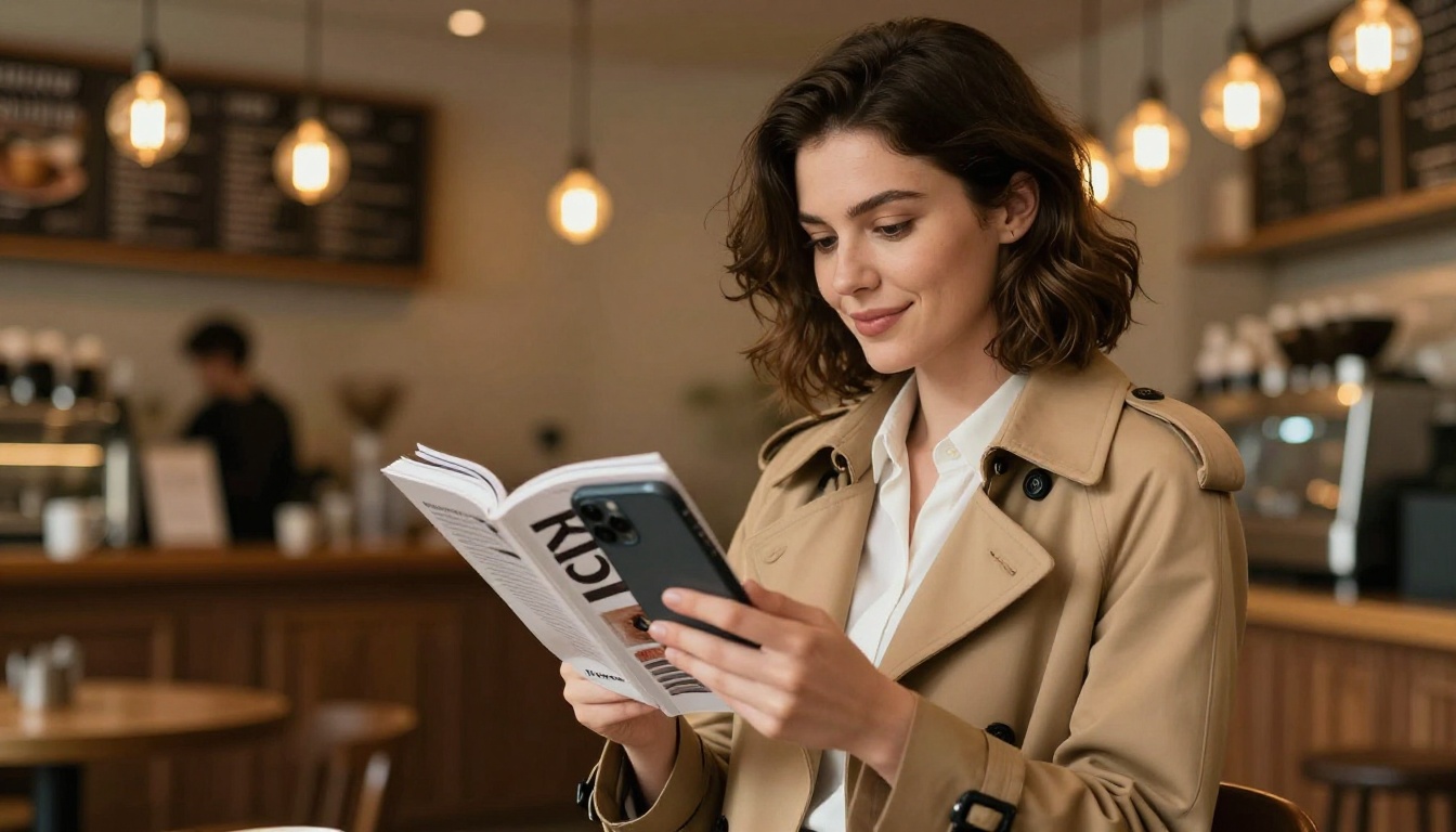 Woman reading a flip magazine on her phone in a coffee shop