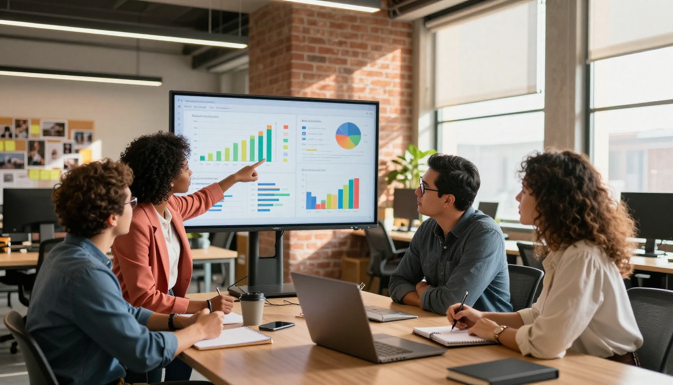 Nonprofit team reviewing digital annual report charts on monitor in modern office Nonprofit team reviewing digital annual report charts on monitor in modern office