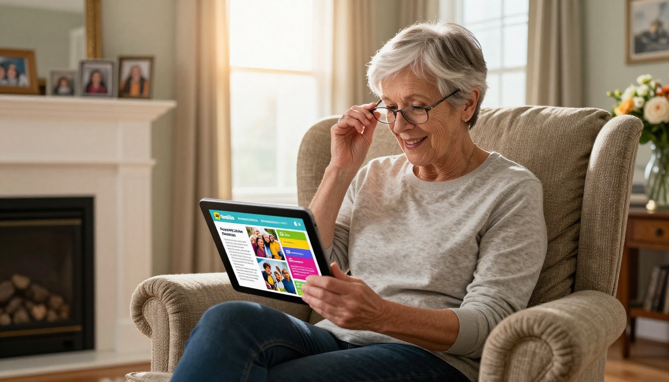 Female donor in her 60s reading nonprofit flipbook report on tablet in cozy living room Female donor in her 60s reading nonprofit flipbook report on tablet in cozy living room