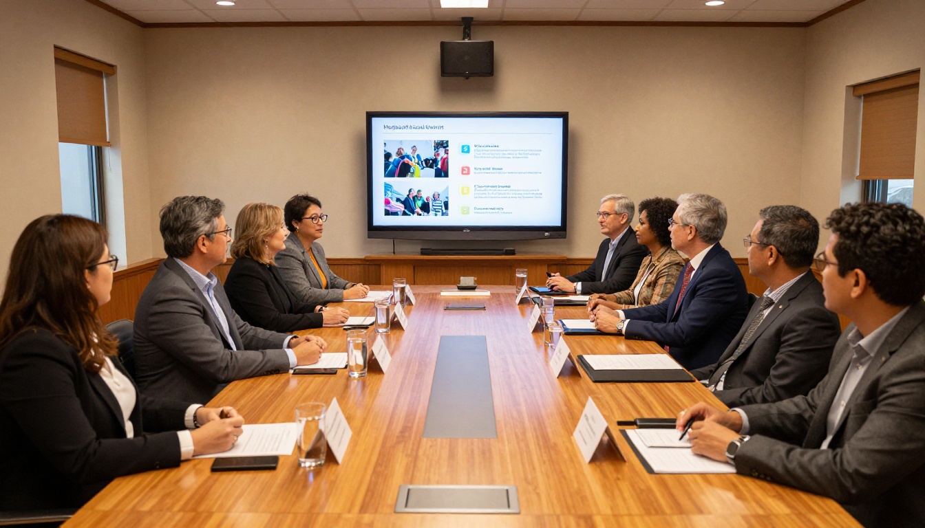 Nonprofit board meeting in professional boardroom with annual report on large display screen Nonprofit board meeting in professional boardroom with annual report on large display screen