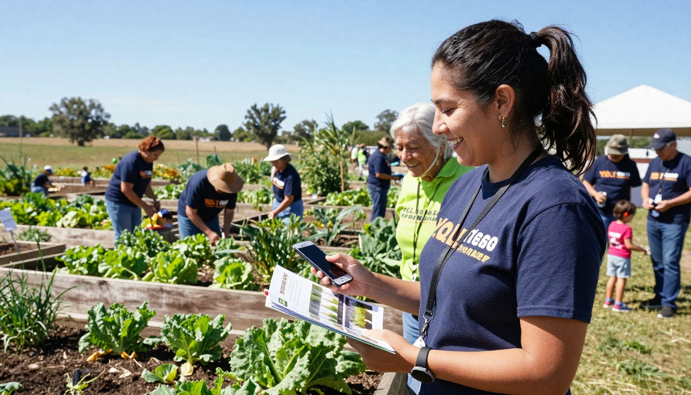 Latina volunteer coordinator showing digital flipbook on smartphone to older donors at community garden Latina volunteer coordinator showing digital flipbook on smartphone to older donors at community garden