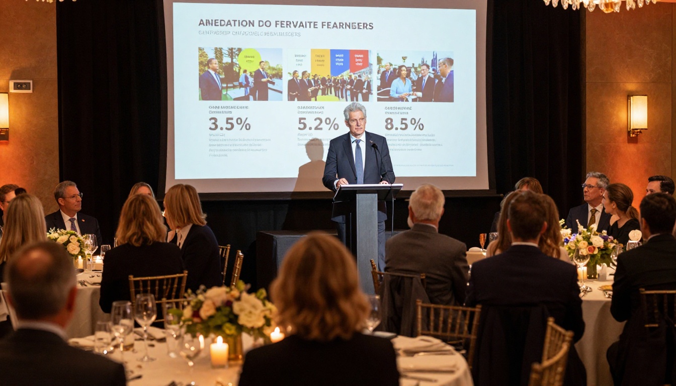 Nonprofit executive director presenting annual report at elegant fundraising gala with large projection screen Nonprofit executive director presenting annual report at elegant fundraising gala with large projection screen
