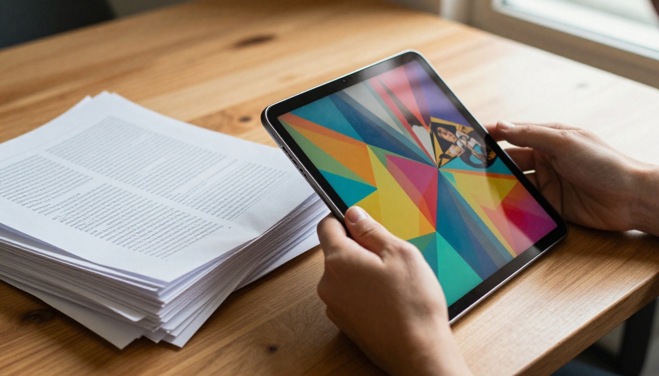 Two hands on a wooden table — one holding a dull stack of printed PDF pages, the other holding a tablet with a vivid interactive flipbook mid-page-turn