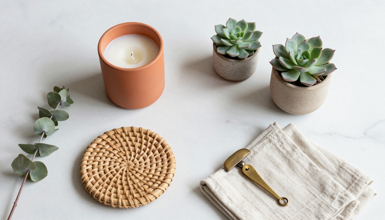 Aerial flat lay of home decor products arranged on a marble surface