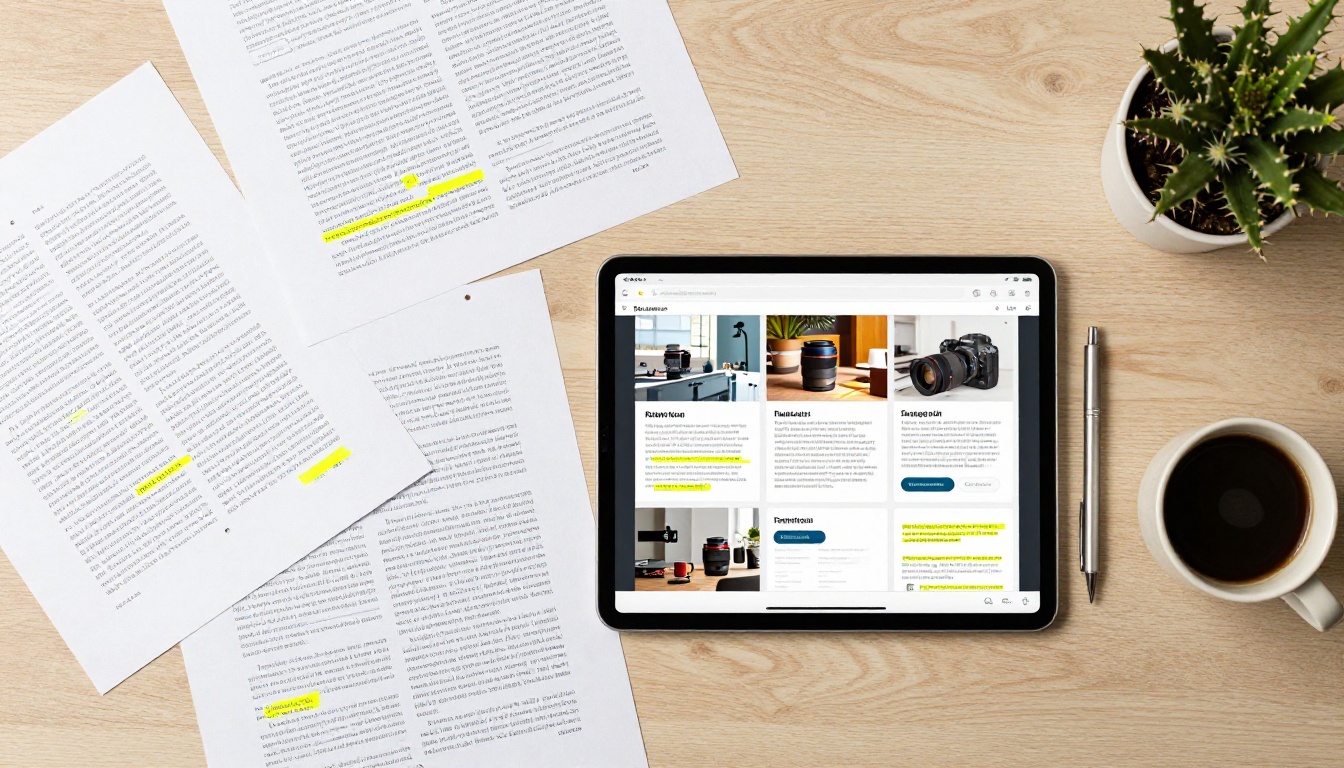 An overhead flat-lay of a messy desk with scattered printed PDF pages on one side and a clean tablet showing a polished digital catalog flipbook on the other