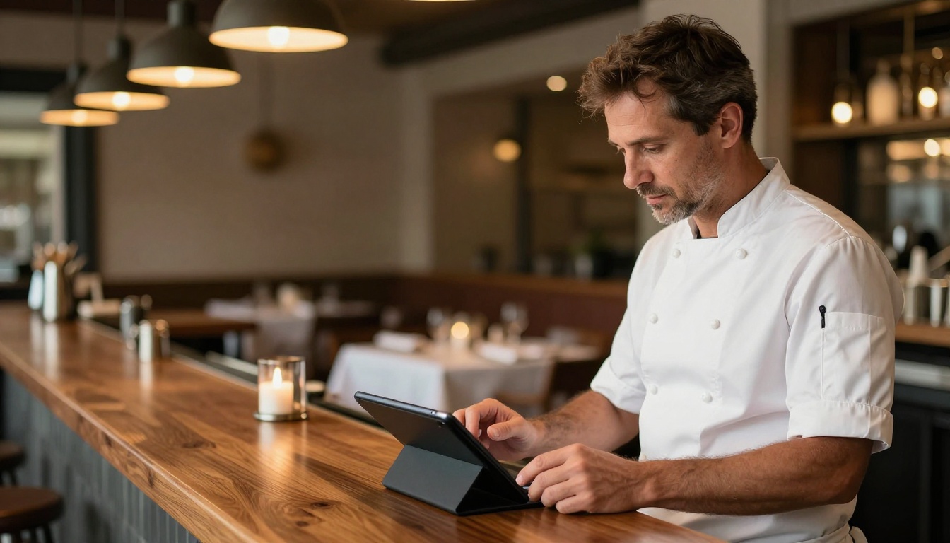 Restaurant owner reviewing a digital menu flipbook on a tablet at the bar Restaurant owner reviewing a digital menu flipbook on a tablet at the bar