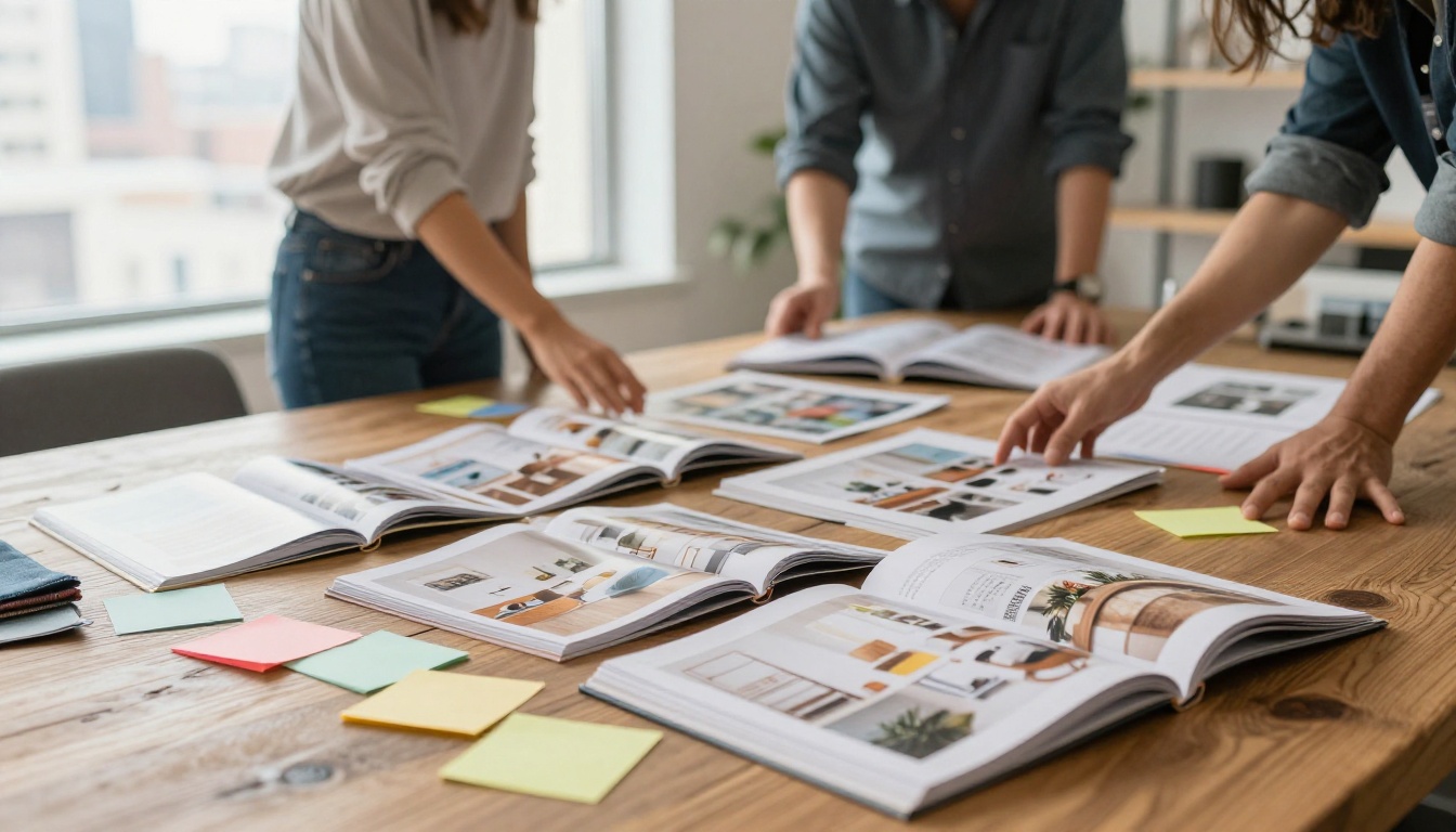 Home decor brand team reviewing lookbook spreads in a bright office