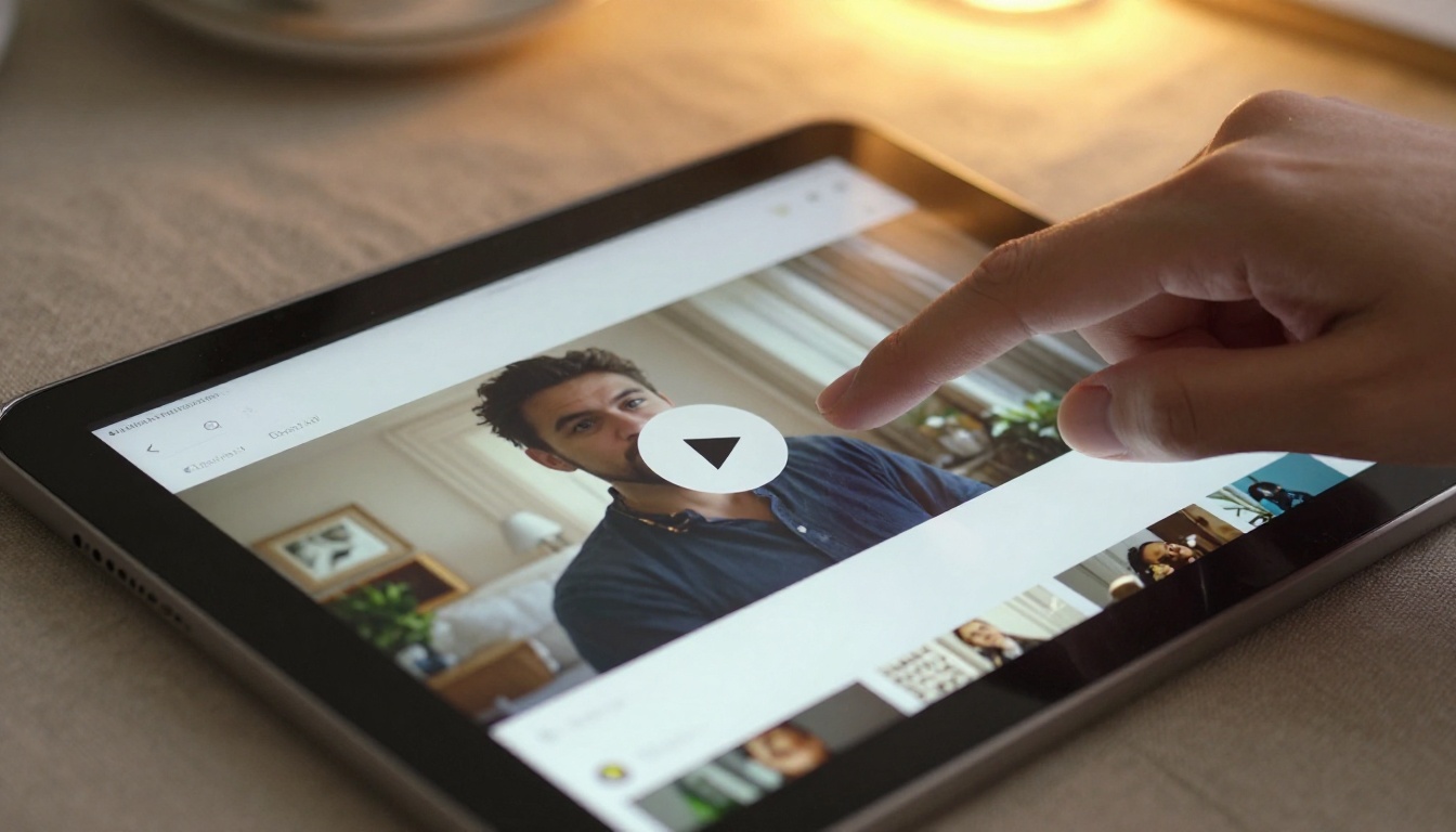 Extreme close-up of a tablet screen showing a flipbook page with an embedded video thumbnail, a finger hovering to tap the play button