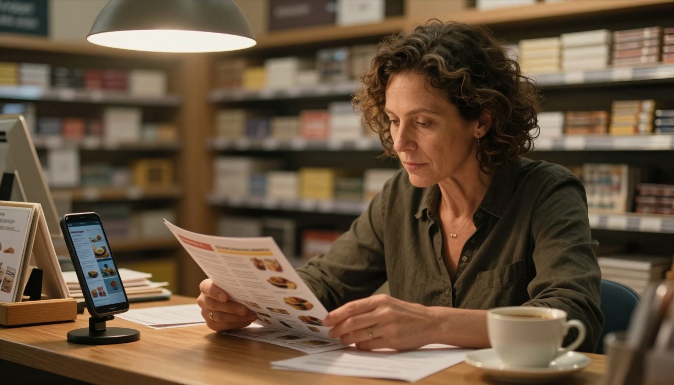Store owner comparing printed catalog with digital version on smartphone Store owner comparing printed catalog with digital version on smartphone